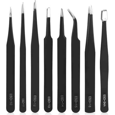 Pinzas, kit de 8 pinzas de precisión ESD y microcortadores de alambre, pinzas antiestáticas para modelismo, reparación de electrónica, manualidades y laboratorio. (1/5)