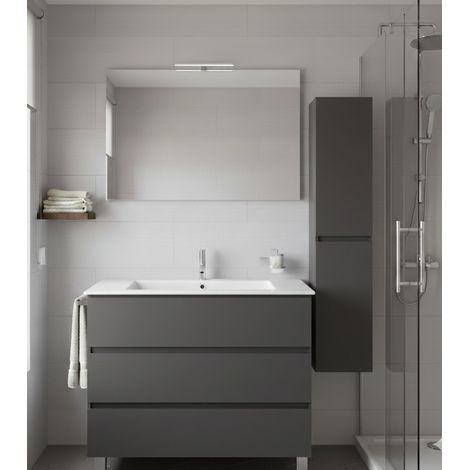 Badmöbel Set BALDER Vormontiert 3 Schubladen mit Füßen, Waschbecken und Spiegel Graphit 50x40 cm mit Hochschrank
