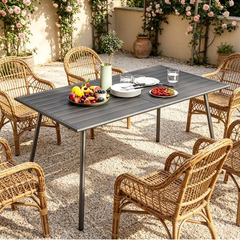 Mesa de jardín exterior 150x80x74 cm, para 6 personas, tablero resistente al agua, acero, gris (1/5)