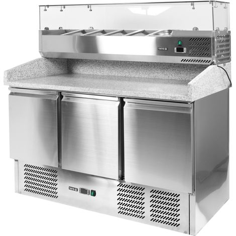 Comptoir réfrigéré pour pizzas à 3 portes, partie supérieure et plan de travail en granit, plage de température de -2 à +8 °C, 240 W, 368 L (1/5)