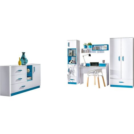 Chambre enfant complète Sorviru 107, Blanc + Turquoise (1/5)