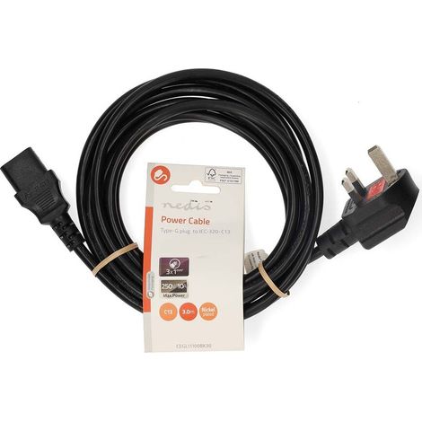 Nedis Stromkabel / UK Stecker / IEC-320-C13 / Abgewinkelt / Gerade / Vernickelt / 3.00 m / Rund / PVC / Schwarz / Label