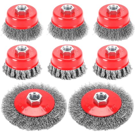 Lot de 8 brosses métalliques pour meuleuse d'angle  Brosse métallique M14  Brosses métalliques en acier inoxydable 75 mm et 100 mm  Pour dérouiller, nettoyer et poncer les surfaces métalliques (1/5)