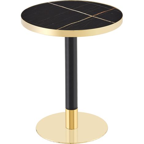 Table d'appoint ronde effet marbre, bord doré, piètement métal (1/5)