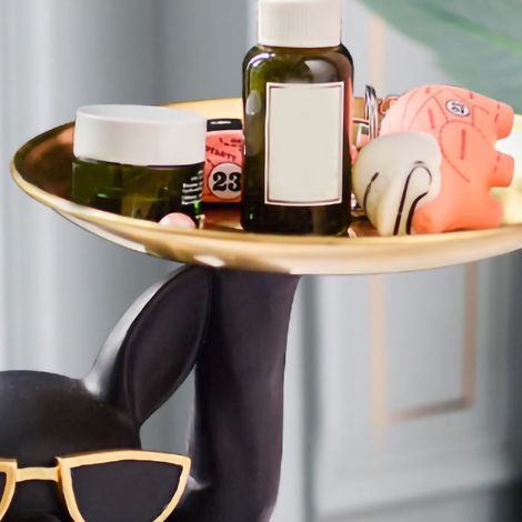 Plateau décoratif en résine synthétique représentant un bouledogue, idéal pour ranger bijoux, fruits et autres objets. Couleur : noir. (1/5)