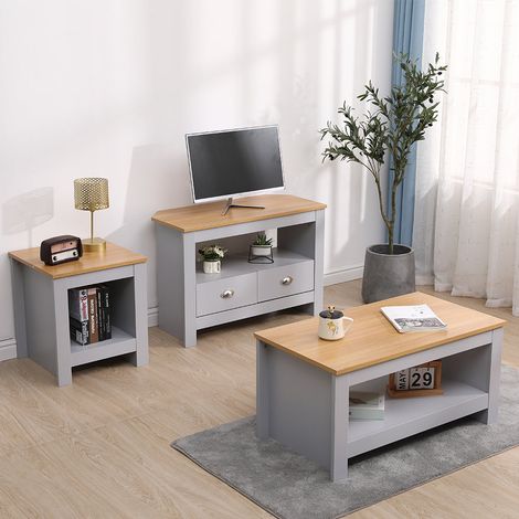 FURNITURE HMD Living Room Furniture Sets 3 Pieces Lamp/Side Tables Coffee Tables TV Unit Cabinets,Grey+Oak (1/3)