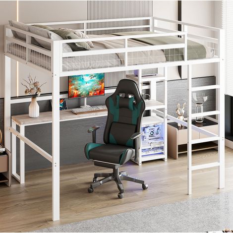 Hochbett 140x200 cm aus Metall in Weiß mit Schreibtisch, Regalen und Leiter mit Geländer (1/5)