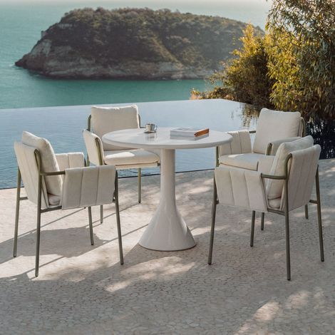 SKLUM Set aus rundem Tisch Ø90 cm aus Zement und Fiberglas Melody und 4 Gartenstühlen mit Armlehnen, gepolstert und aus Stahl Zunika Tiefes Grün Olive                                  