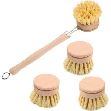 Brosse a Vaisselle De Cuisine, Brosse À Vaisselle Longue Manche,Brosses De Nettoyage En Bois Avec 3 Têtes De Rechange - 1Set (1/4)
