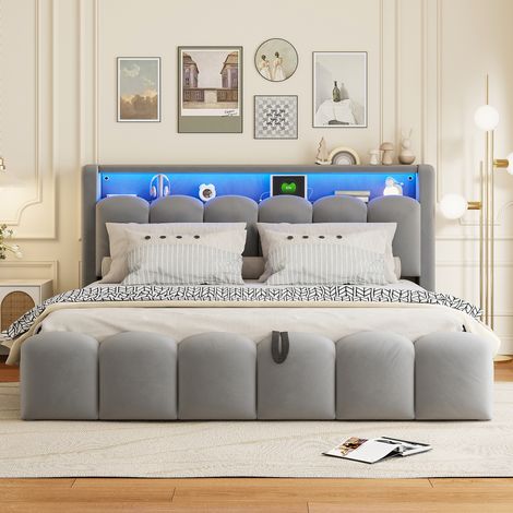 Lit double 180x200 cm gris avec coffre hydraulique de rangement, tête de lit avec espace de stockage, revêtement velours doux, design pétale, ports USB-C et LED intégrés (1/4)