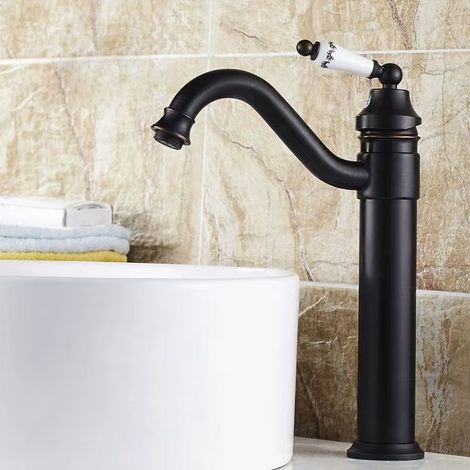 Robinet Lavabo Rétro Noir Haut, Mitigeur Lavabo Pivotant à 360°Robinet Salle Bain, Mitigeur Salle de Bain, Laiton-G1/2