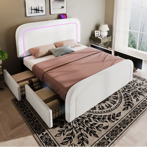 Cama tapizada 170x208x102.5 cm, con carga USB y Tipo C, luces LED, 4 cajones, sherpa blanco (1/5)
