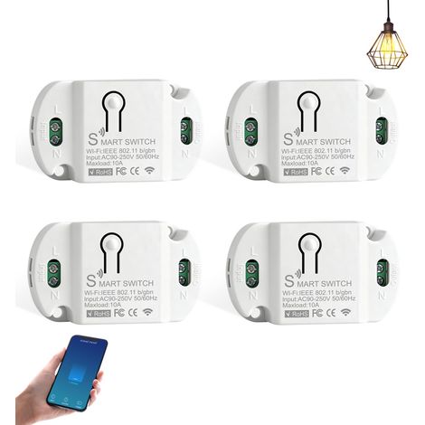 Lot de 4 modules d'interrupteur intelligents universels 10 A - Interrupteur Wi-Fi Smart Life - Module WiFi intelligent - Compatible avec Alexa Google Assistant Smart Life DIY - Encastré (1/4)