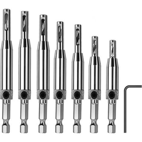 Lot de 8 Charnières à Centrage Automatique Forets à Centrer pour charnière HSS, portes en bois, fenêtres, placards, travail du bois (5/64", 7/64", 9/64", 11/64", 5 mm, 13/64", 1/4") (1/5)