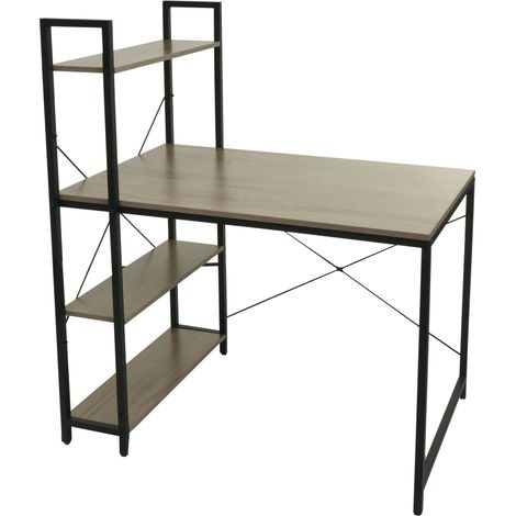 Bureau avec étagère HWC-K81 - table d'ordinateur portable table de travail - 100x60cm métal MDF - gris-brun (1/5)
