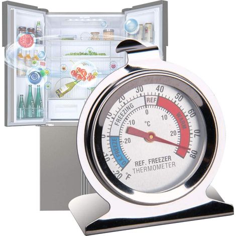 Termómetro para refrigerador, 1 unidad, termómetro pequeño de acero inoxidable para congelador con gancho para colgar y soporte. (1/5)
