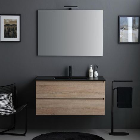 Meuble Salle De Bains 100Cm Chêne Avec Lavabo Noir Mat Et Miroir Avec Lampe Berlin (1/5)