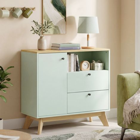 Buffet salon compartiment ouvert et étagère réglable 2 tiroirs vert clair et chêne meuble de rangement avec porte conception robuste