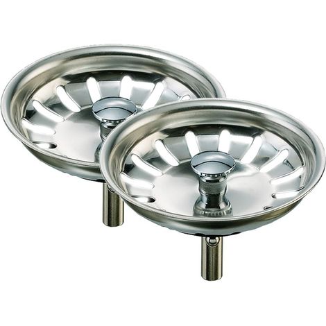 2er Set Marken-Siebkörbchen 3 1/2 Zoll für Küchenspülen mit manueller Betätigung des Ablaufverschlusses / Ventils, Korb-Durchmesser ca. 81 mm - Führungsstange 8 mm mit Kugel