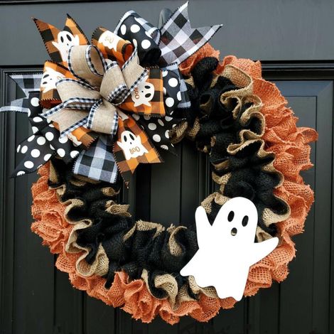Couronne artificielle de 40 cm avec ruban, décoration pour porte d'entrée ou fenêtre, thème fantôme, fête des récoltes, motif buffle (1/5)