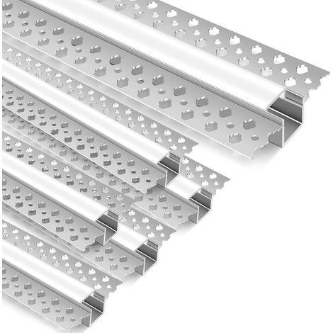 Lot de 6 profilés LED en aluminium de 1 m chacun, profilé de montage pour bandes LED, profilé de montage pour cloison sèche sans fil pour éclairage linéaire avec double bride perforée (1/5)