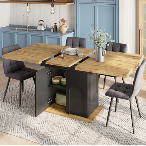 Tavolo allungabile 110-140x80 cm in MDF nero e naturale, salvaspazio, FloraGrace (1/5)