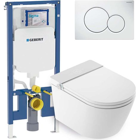 Mizubath - Set WC giapponese sosp. Rada bianco - Risciacquo ad acqua - Asciugatura ad aria - Modulo Geberit Duofix 8 cm - Placca comando doppio bianca
