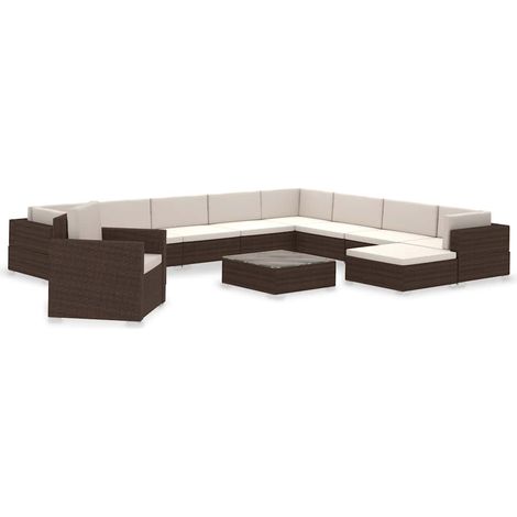 12-tlg. Garten-Lounge-Set mit Auflagen Poly Rattan Braun vidaXL