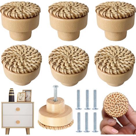 Set of 6 Round Rattan Furniture Knobs, Handmade, Dresser Drawer Pulls, Living Room Kitchen Cabinet Knobs (6 Pcs) (1/5)