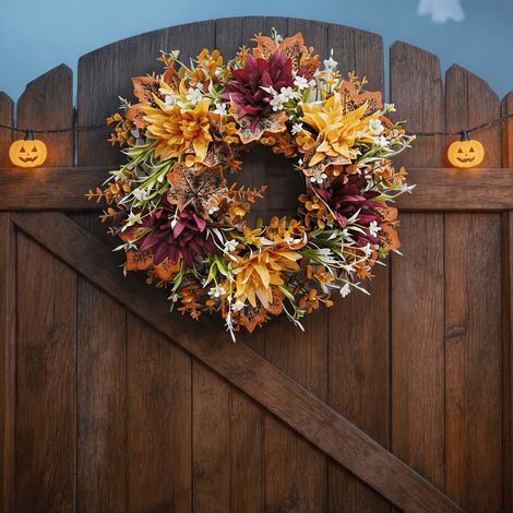 Couronne d'Automne avec Dahlia, Chrysanthème, Feuilles d'Érable et Eucalyptus, Décoration de Porte pour Thanksgiving et Halloween (1/5)