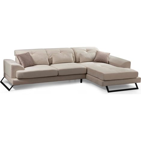 Canapé d'angle droit velours beige clair avec têtières relevables et pieds metal noir Briko 308cm (1/5)
