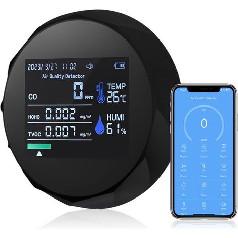 Portable Carbon Monoxide Detector, 5-in-1 Air Quality Monitor for Travel, BT APP Connection, High Accuracy TVOC HCHO Temperature Humidity CO Gas Detector Alarm Sensor (1/5)