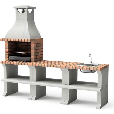 MOVELAR - Barbacoa de Obra Prefabricada para Leña y Carbón Modelo PACK 3 RAGUSA (Gris / Terracota - 228 x 58 x 207 cm) REF: M00904 - Uso en Exteriores