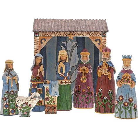 Statuettes crèche Nativité 9 éléments – Résine peinte à la main – Dimensions étables 25 x 21 x 7 cm – Figurines de 6,3 à 17,8 cm – Enesco (1/2)