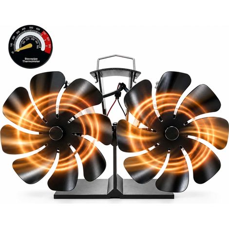 Relaxdays Fireplace Fan, Twin, Without Electricity, Stove Fan, 16 Blades, HWD: 13.5x25x11 cm, with Thermometer, Black (1/5)