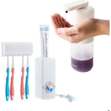 Pack Distribuidor de Dentífrico con Porta Cepillos y Distribuidor de Jabón Automático InnovaGoods PORTA ACCESORIO DE BAÑO (1/5)