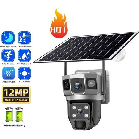 Caméra surveillance extérieure sans fil solaire - PRUMYA - 4K PTZ - 4MP H.265 - 355°x90° - Panneau solaire 8W/8000mAh