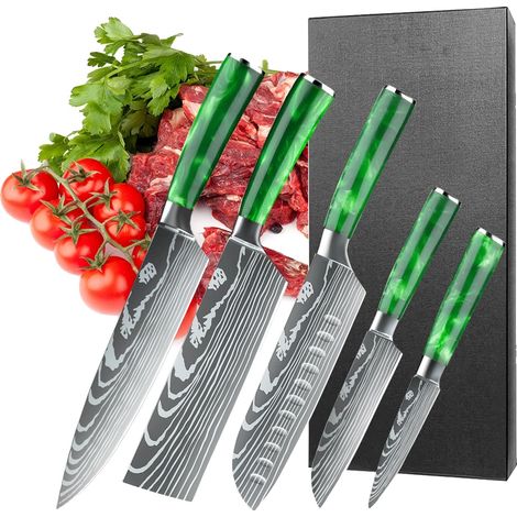 Juego de cuchillos de cocina, acero inoxidable de alto contenido en carbono, hojas de precisión, 5 piezas (1/2)