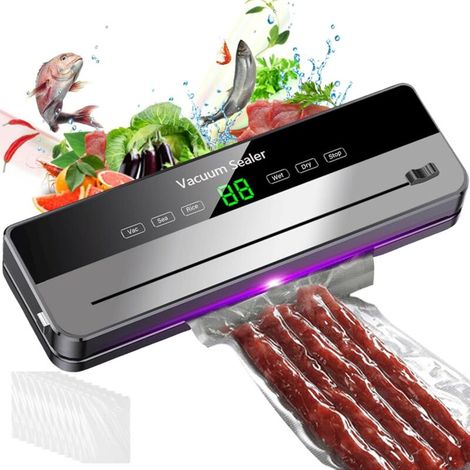 5-in-1 Vacuum Sealer for Food with 10 Vacuum Bags (20 x 30 cm), 65 Kpa, Removable Sealer with LED Indicator and Dry and Wet Food Cutter (Grey) (1/5)