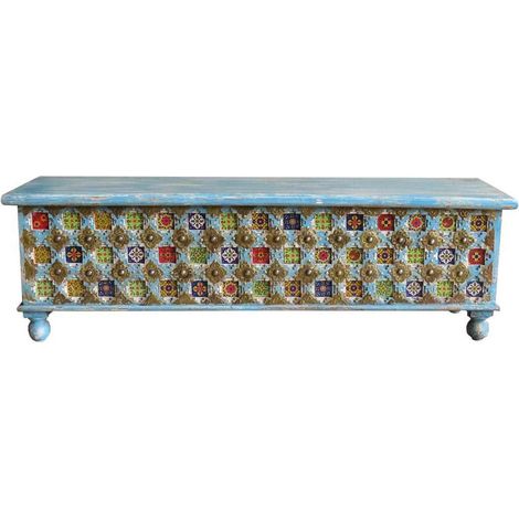 Coffre en bois de manguier coloré style artisanal - motifs multicolores sur fond bleu patiné (1/4)