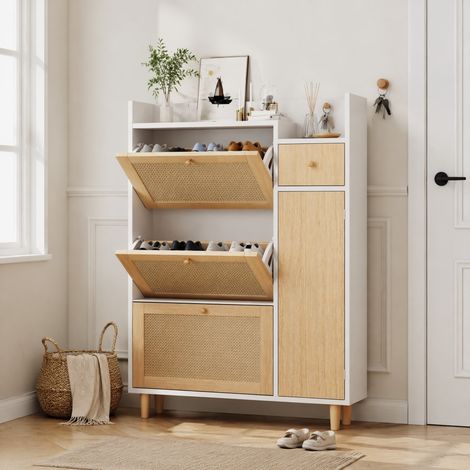 Schuhschrank aus MDF und Rattan, 3 Klappen, 1 Schublade, weiß/natur, 90 x 17 x 125 cm HAVRYA (1/5)