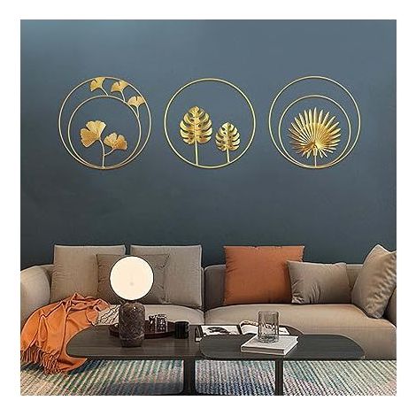 lot de 3 Sculptures Murales en Fer Métal Feuilles de ginkgo et palmier dorées - Décoration murale ronde pour maison, bureau, salon, hôtel (Tour) (1/5)