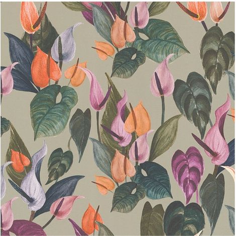 Flowers wallcovering wall Profhome 782102 hot embossed non-woven wallpaper smooth with floral ornaments matt grey green brown purple orange red 5,33 m2 (1/5)