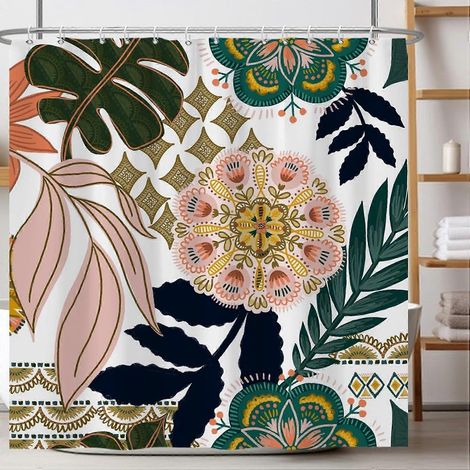 Rideau de douche bohème fleuri, style milieu du siècle, motif floral coloré, feuilles de plantes tropicales, imperméable, 180 x 180 cm (1/5)