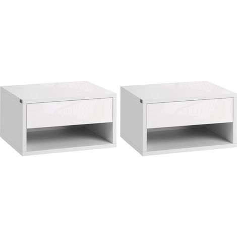 Juego de 2 mesitas de noche de pared, mesita con cajón deslizante, estante de almacenamiento, tablero de madera. Dimensiones: 37 cm de largo x 32 cm de ancho x 21 cm de alto. Color blanco.