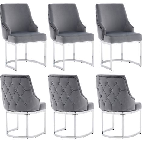 6 sillas de comedor de terciopelo gris con patas metálicas plateadas, estilo moderno (1/5)