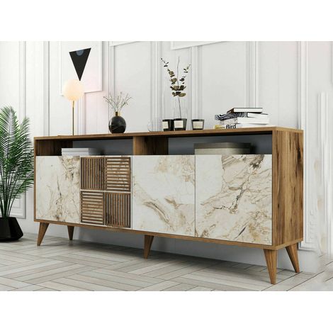 Dmora - Consolle Jole, Credenza da soggiorno, Armadio basso per TV, Base parete attrezzata, 180x35 h79 cm, Noce e Bianco Marmo (1/5)
