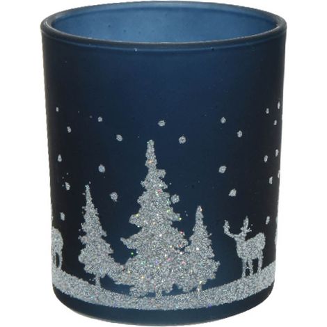 Kaemingk – Photophore de Noël Night Blue bleu foncé avec paillettes argentées, Ø 7 cm, verre