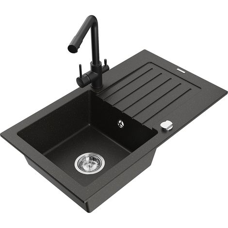 Mexen Pablo 1 Becken-Granitspüle mit Abtropffläche und Mischbatterie Duero, Schwarz/Gold metallisch