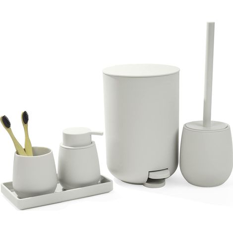 Ensemble d'accessoires de salle de bain - Beige - 5 pièces - Distributeur de savon, porte-brosse à dents, plateau de maquillage, brosse WC et poubelle - Pour salle de bain, lavabo (beige) (1/5)